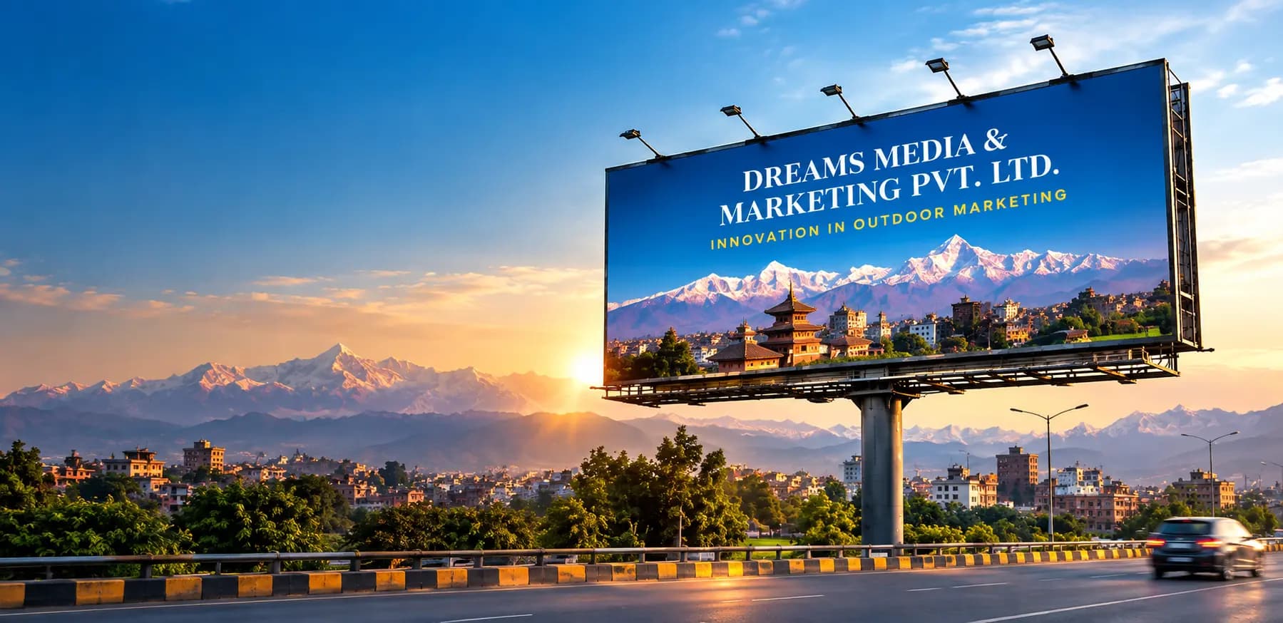 Dreams Media & Marketing hoarding board advertising at Himalayan Sunset Billboard Highway, Kathmandu